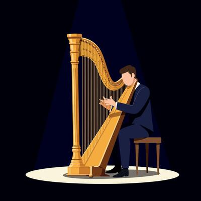 Male harp player in formal suit performing on large golden harp under spotlight flat design illustration