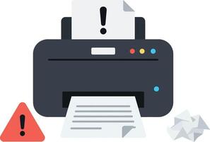 Black office printer with alert symbol and crumpled paper in minimal flat illustration vector
