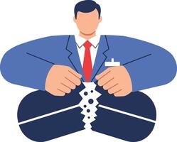 Businessman breaking apart puzzle pieces symbolizing problem solving and strategy in blue suit and red tie illustration vector