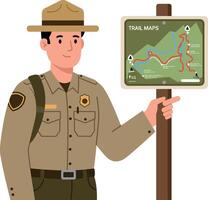 Park ranger pointing at trail maps in outdoor navigation illustration vector