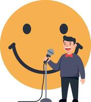 Man Singing with Microphone and Large Yellow Smiley Face Background Illustration vector