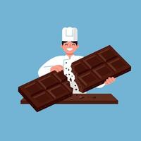 Chef holding large broken chocolate bar smiling on blue background illustration vector