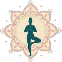Yoga silhouette in tree pose with mandala background illustration natural flow calm spiritual vector
