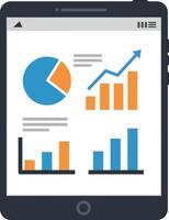 Digital tablet displaying blue and orange charts and graphs in flat design style illustration vector