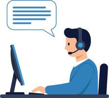 Customer service representative wearing headset talking at computer desk flat design illustration vector