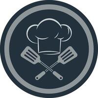 Chef hat and crossed spatulas cooking utensils in minimal flat design circular badge illustration vector