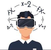 Young man wearing virtual reality headset exploring math formulas in flat style illustration vector