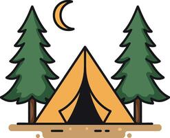 Camping tent between pine trees under crescent moon minimal flat design illustration vector