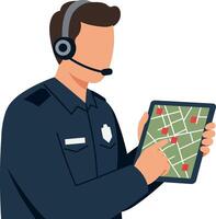 Police officer using headset and pointing at location on digital map in flat style illustration vector