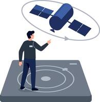 Man interacting with satellite orbiting above flat technology platform digital illustration vector