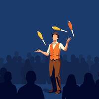 Juggler performing with clubs on stage in front of audience illustration vector
