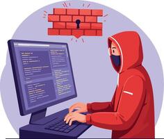 Hacker in red hoodie coding on computer with digital firewall breach flat design illustration vector