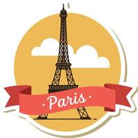 Eiffel Tower landmark with red ribbon banner and clouds flat design illustration vector