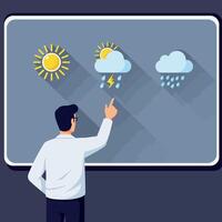Weather forecast presentation with man pointing at icons for sun rain and thunderstorm illustration vector