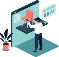 Man interacting with virtual chair design on digital interface flat isometric style illustration vector