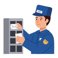 Mail carrier delivering letters to mailbox in uniform with blue cap and badge illustration vector