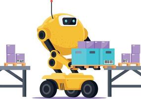 Yellow robot with wheels sorting packages on conveyor belt in flat modern illustration vector
