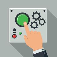 Hand pressing green button on industrial control panel with gears illustration square design vector