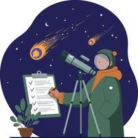 Astronomer observing meteor shower with telescope and checklist under starry night sky illustration vector