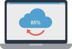 Laptop screen showing blue cloud with 85 percent progress and red arrow in flat minimal illustration vector