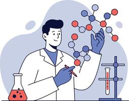 Scientist examining molecular structure with lab equipment in science laboratory illustration vector