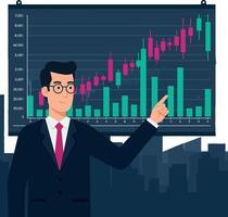 Businessman in suit pointing at rising financial graph with candlestick chart in flat style illustration vector