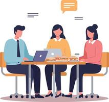 Three business people working together at table with laptops in flat minimal illustration vector