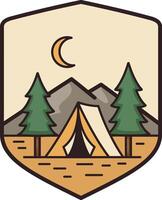 Camping tent between pine trees under crescent moon with mountains in minimal flat design illustration vector