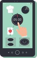 Smartphone cooking timer app interface with hand icon and food symbols flat minimal illustration vector