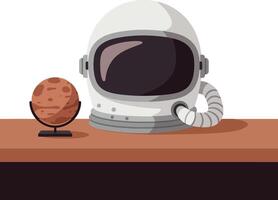 Space helmet with Mars model on wooden table flat design illustration vector