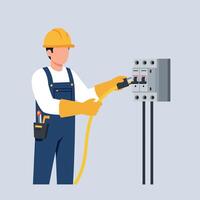 Electrician working with electrical panel and wires in protective gear illustration vector