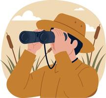 Wildlife enthusiast looking through binoculars in nature with cattails and cloudy sky background vector