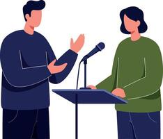 Two people debating at podium in minimal flat style illustration with microphone and conversational gesture vector