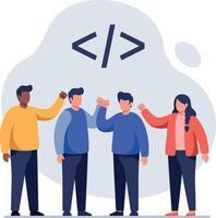 Diverse software developers celebrating team success with coding symbol illustration vector