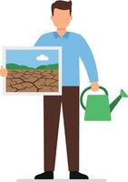 Man holding cracked earth photo and green watering can environmental awareness illustration vector