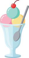 Ice cream sundae with three colorful scoops and cherry topping in transparent glass minimal illustration vector
