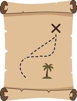 Old treasure map with palm tree and marked path in simple flat design illustration vector