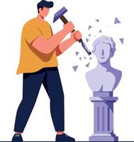 Man chiseling classical statue bust on pedestal artistic sculpture creation vector
