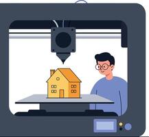 3D Printer Creating House Model with Man Observing Technology Innovation Design vector