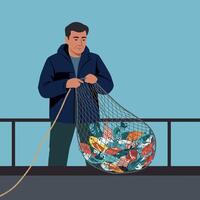Fisherman pulling fishing net full of colorful fish on boat deck illustration vector