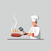 Chef cooking steak on pan with spatula illustration in minimal style vector