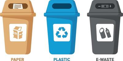 Three colored recycling bins for paper plastic and e waste flat design illustration with simple icons and clean style vector