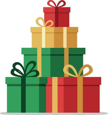 Colorful stacked gift boxes with ribbon bows in flat minimalist style festive illustration