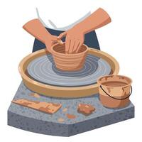 Hands shaping pottery on wheel with clay bucket and tools illustration vector