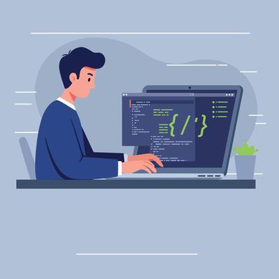 Young man coding software on laptop at desk with plant in modern workspace