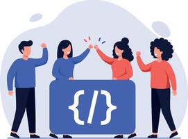 Team of Developers Celebrating Coding Success with High Five Illustration vector