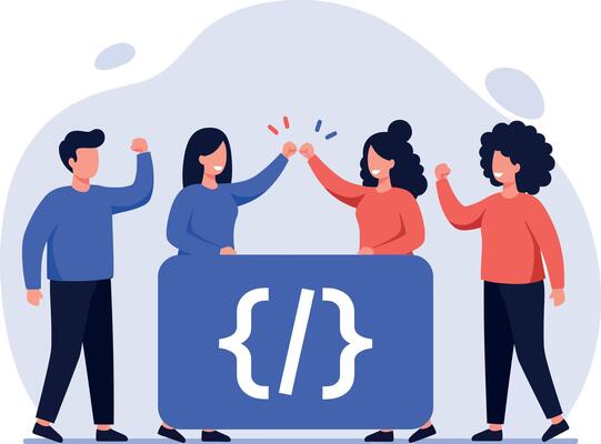 Team of Developers Celebrating Coding Success with High Five Illustration