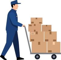 Delivery worker pushing cart loaded with cardboard boxes in flat minimal art vector