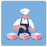 Chef Preparing Food with Three Square Dishes in Blue Background Illustration vector