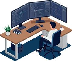 Male programmer working at wooden desk with triple monitors coding in flat design illustration vector